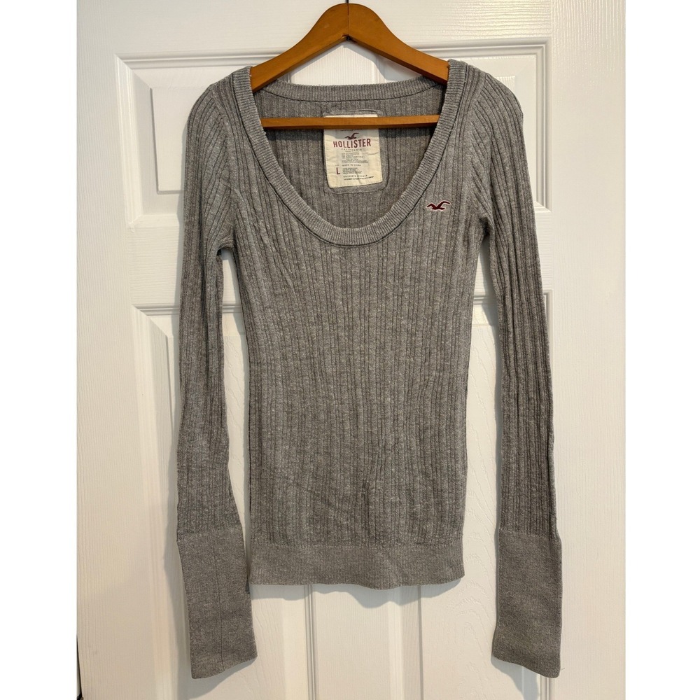Vtg Hollister Y2K Rabbit‎ Hair Fine Knit Ribbed Scoop Neck Top Gray Bella Swan L
